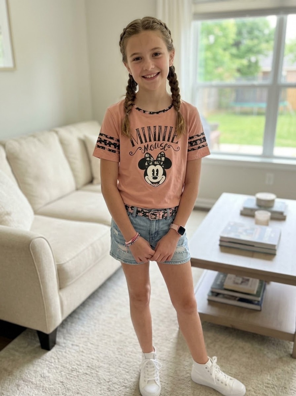 Disney Minnie Mouse Floral Sleeve Graphic Tee for Girls